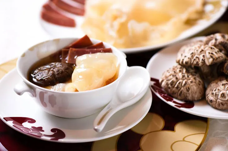 Double-boiled fish maw soup with shiitake mushroom and Shanghai cabbage.